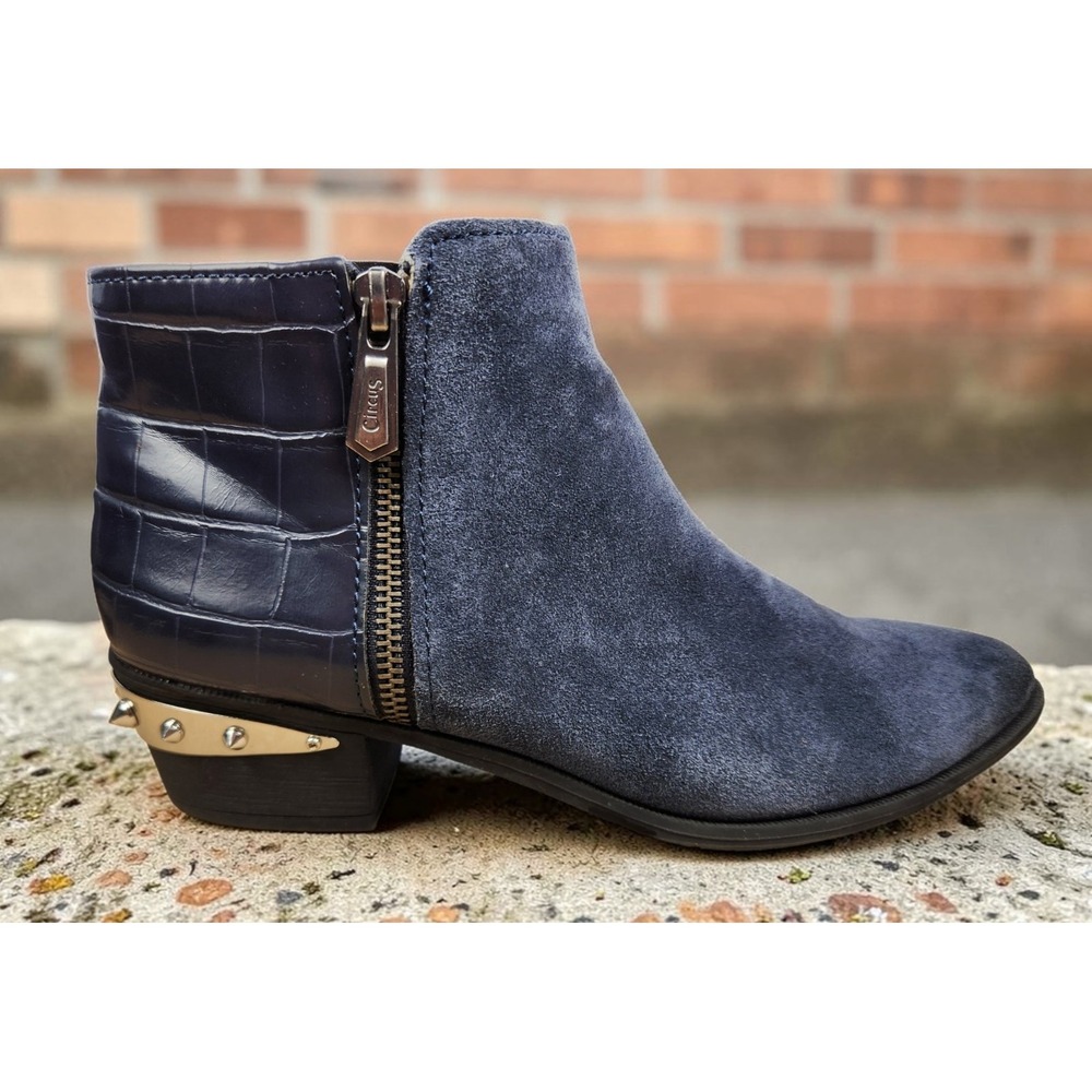 Sam Edelman Holt Denim Blue Suade Ankle Boots Studded Heel Zip Women's Size 8